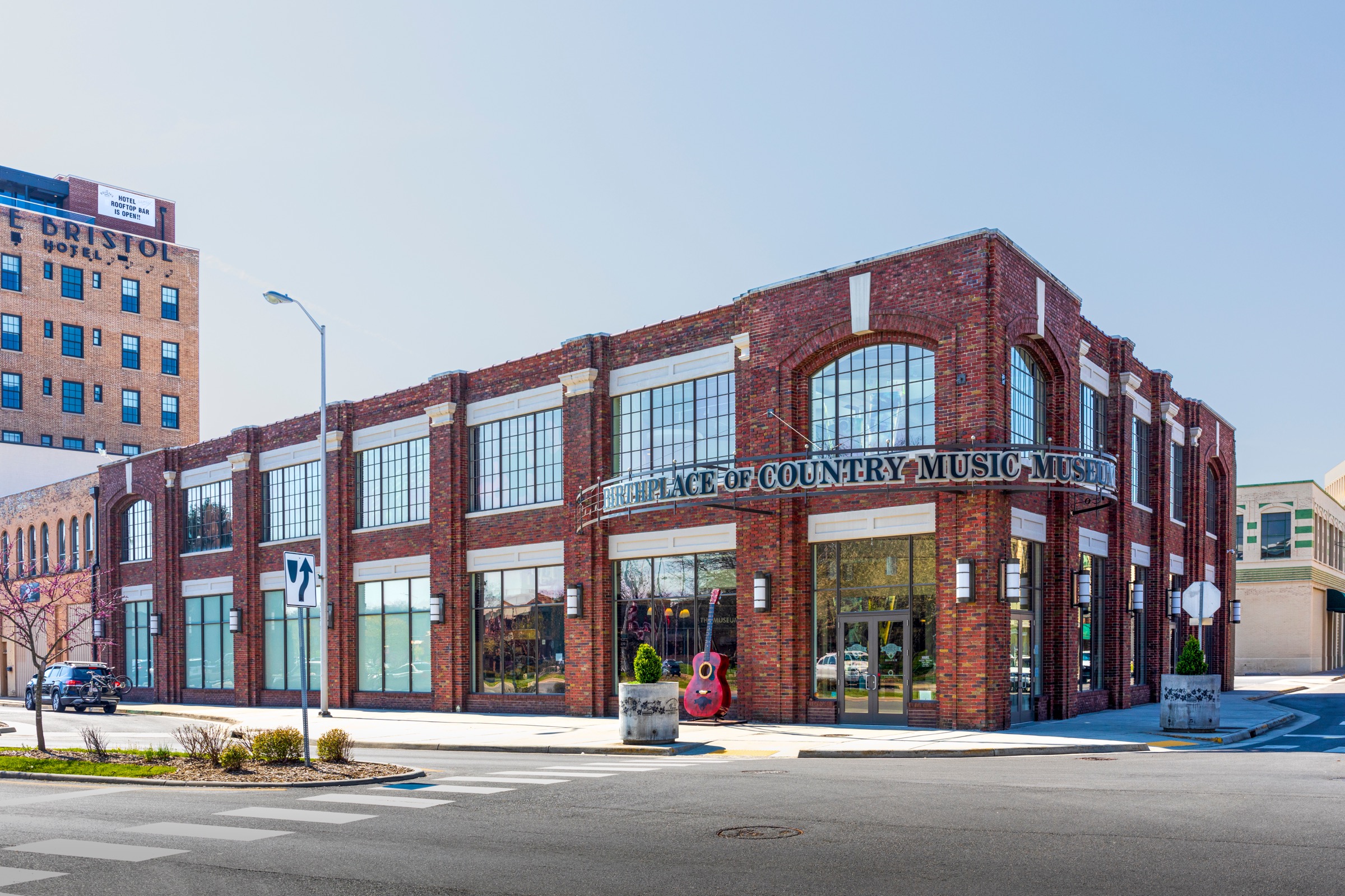 Birthplace of Country Music Museum in downtown Bristol, Tennessee with iconic guitar sculpture